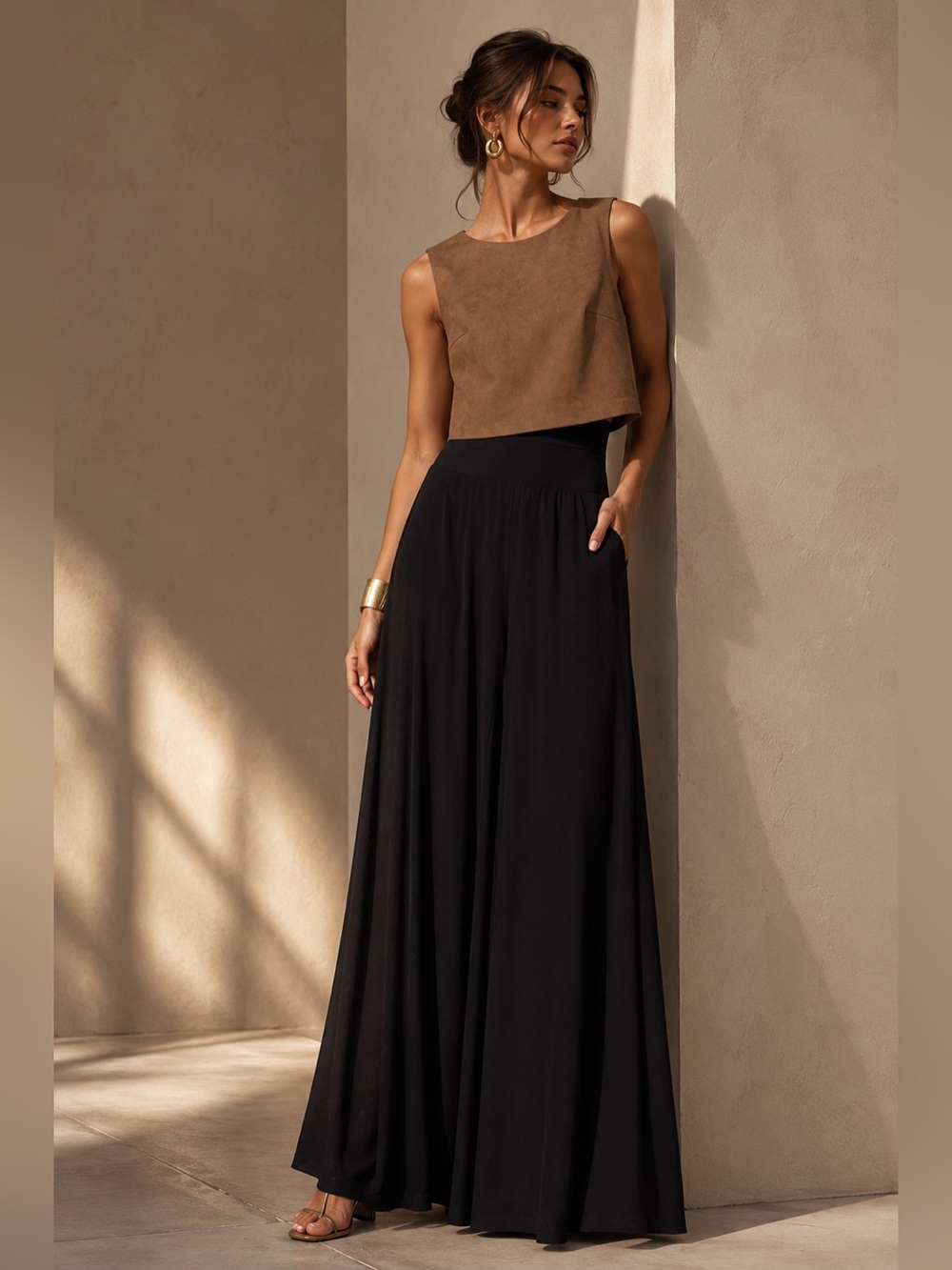 Joseph Ribkoff Colorblock Wide Leg Jumpsuit Camel Black Size 4 Like New